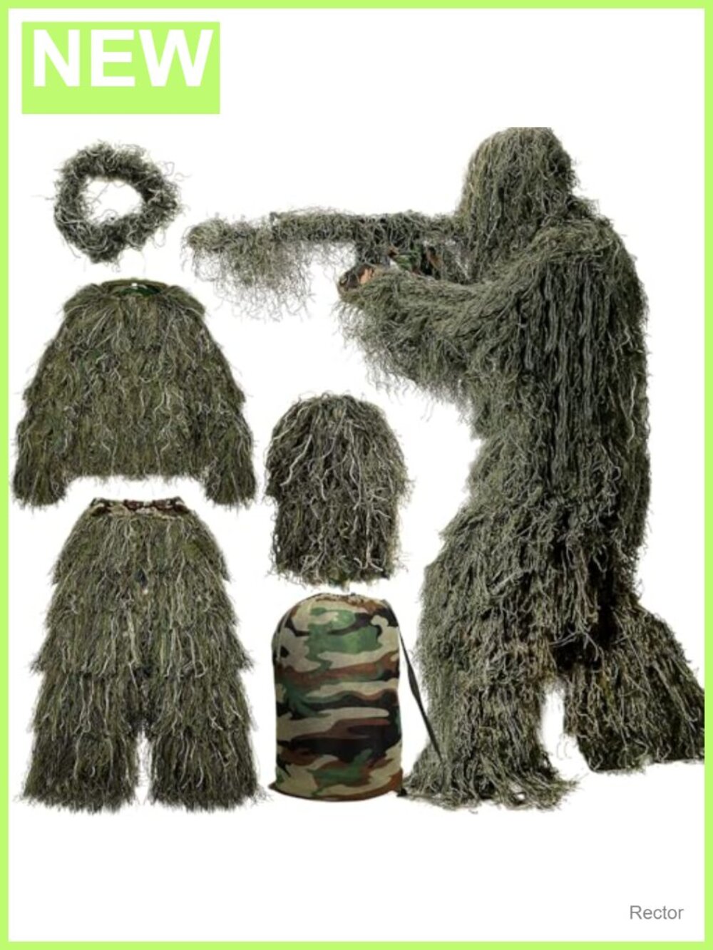 5-in-1 Ghillie Suit 3D Camo Hunting Jacket Pants Hood Gun Wrap Bag Polyester